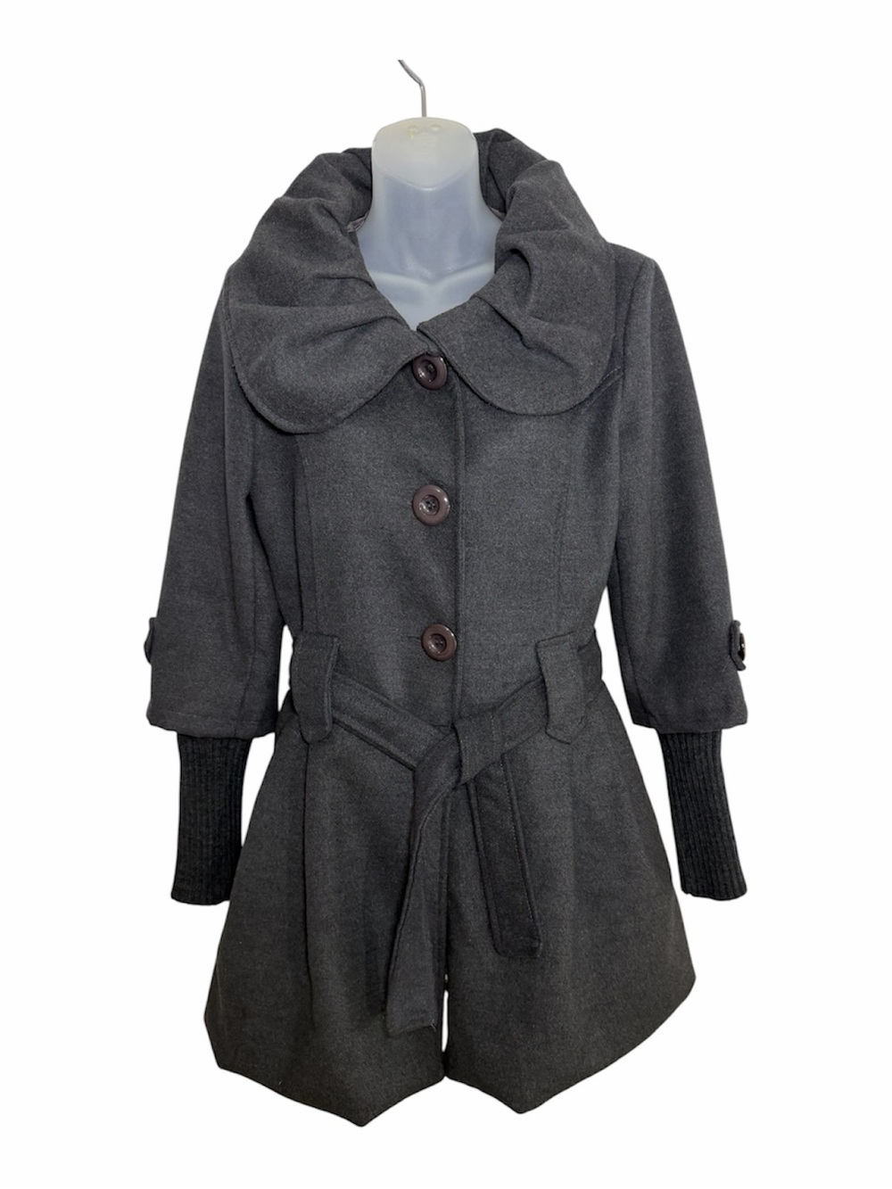 Lola Made In Italy L Gray Belted Bubble Hem Peacoat Ruched Collar Knit Cuffs Y2K